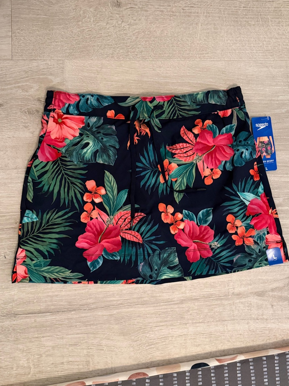 Speedo Tropical Floral Mini Swim Skort in Navy with Pink & Green Accents